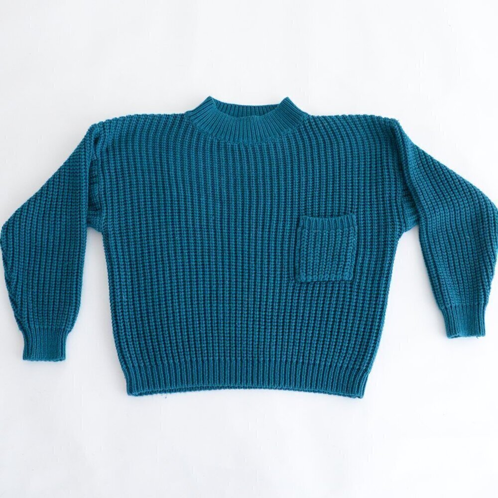 Vintage Magnet Teal Solid Knit Mock Neck w Chest Pocket Cropped Sweater M